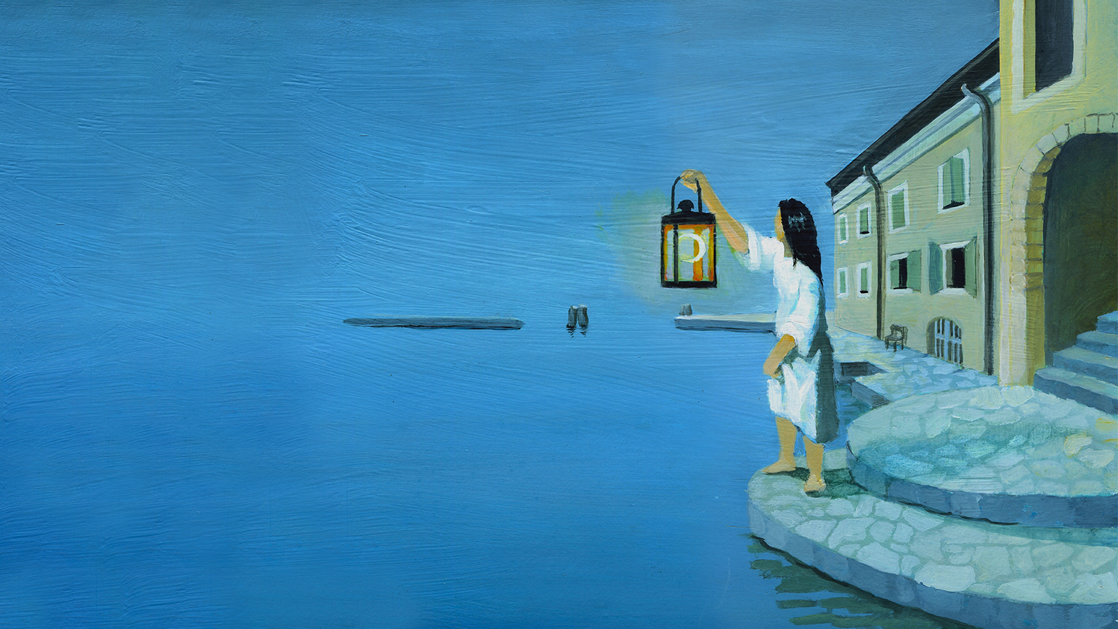 Woman with a lantern crossing the water